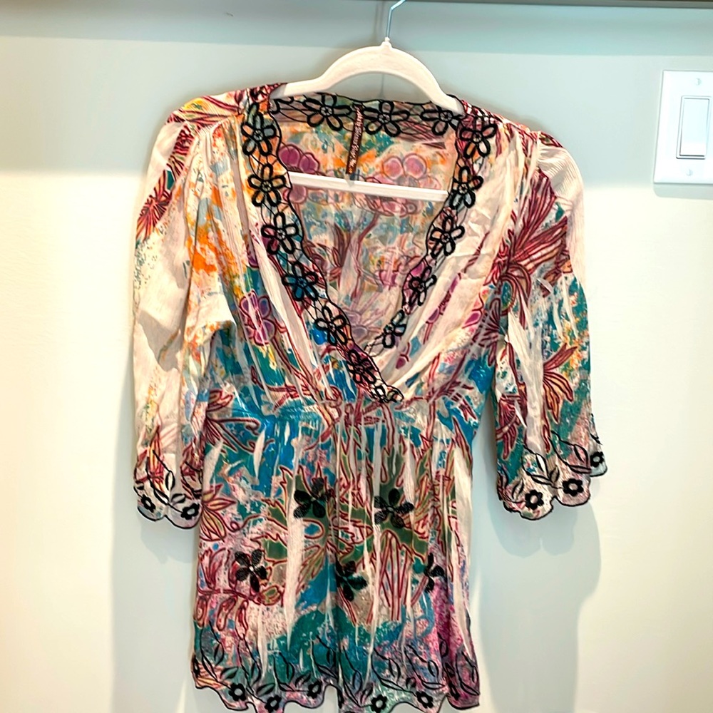 Mushkaby Siena Rose Inc. small vintage semi sheer 3/4 sleeve, bohemian blouse
